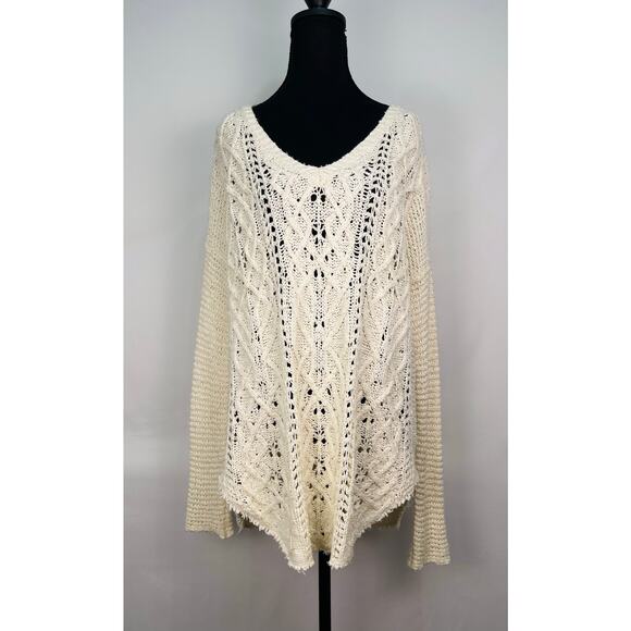 Free People Sweaters - Free People Oversized Ivory Knit Sweater Slouchy V Neck, 100% Cotton